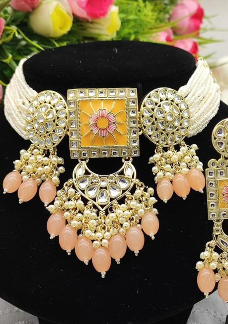 Gold Plated Kundan And Beads Meenakari Choker Necklace Set