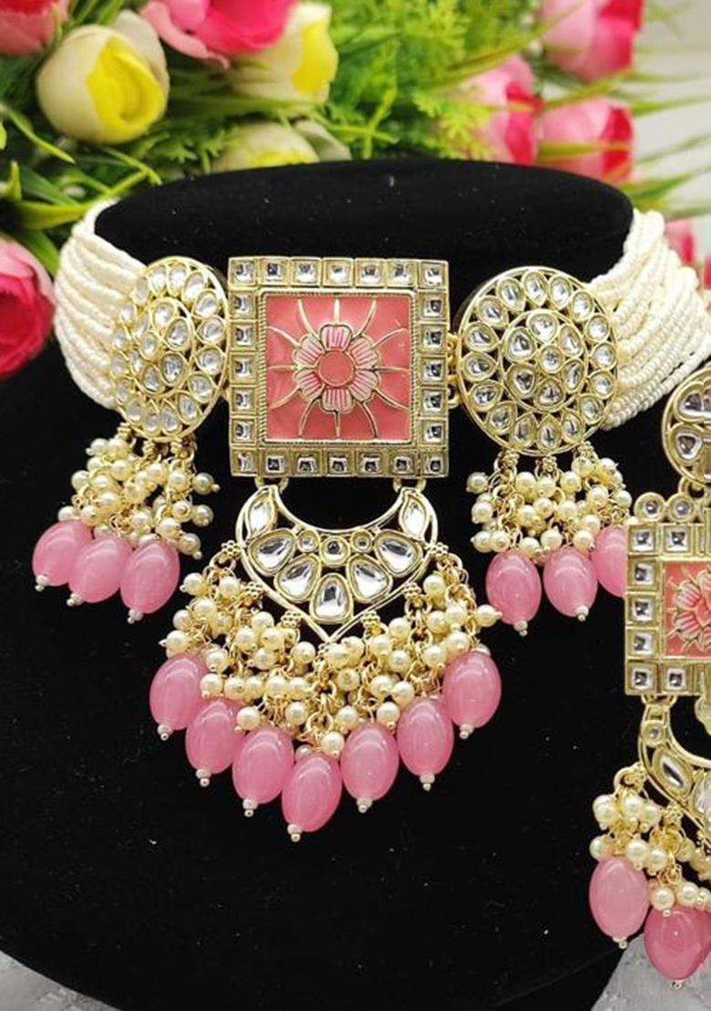 Gold Plated Kundan And Beads Meenakari Choker Necklace Set