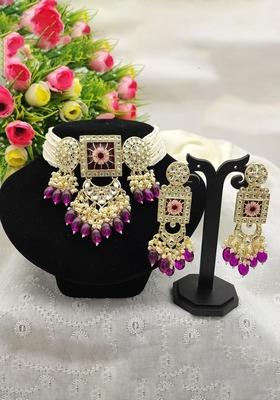 Gold Plated Kundan And Beads Meenakari Choker Necklace Set