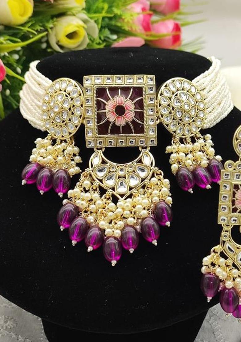 Gold Plated Kundan And Beads Meenakari Choker Necklace Set