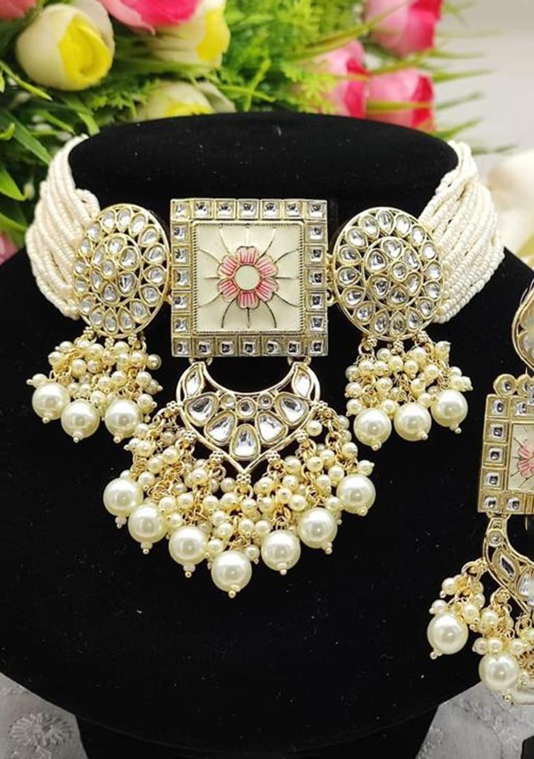 Gold Plated Kundan And Beads Meenakari Choker Necklace Set