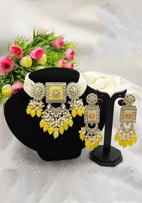 Gold Plated Kundan And Beads Meenakari Choker Necklace Set