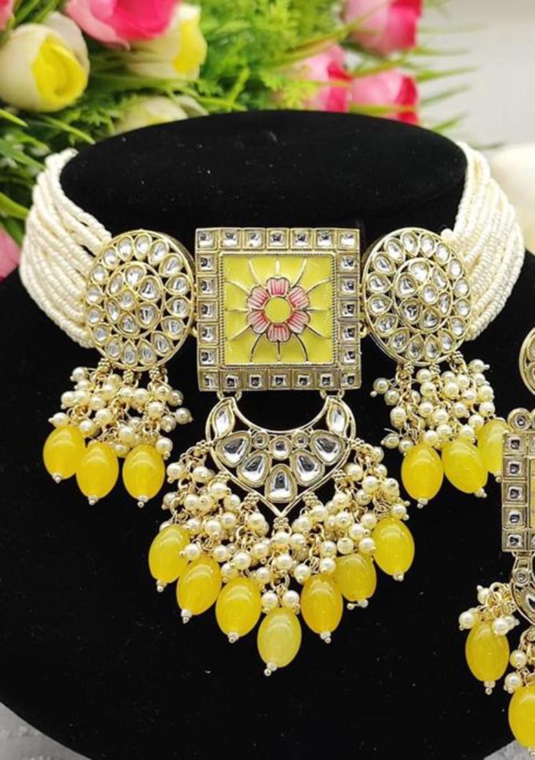 Gold Plated Kundan And Beads Meenakari Choker Necklace Set