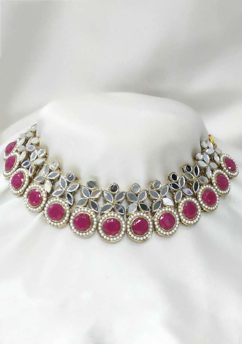Gold Plated Pota Stone And Mirror Choker Necklace Set - Indya
