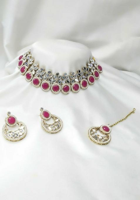 Gold Plated Pota Stone And Mirror Choker Necklace Set
