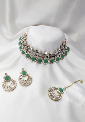 Gold Plated Pota Stone And Mirror Choker Necklace Set