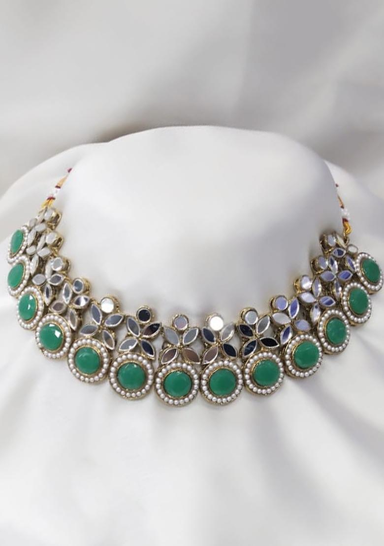 Gold Plated Pota Stone And Mirror Choker Necklace Set