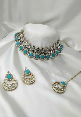 Gold Plated Pota Stone And Mirror Choker Necklace Set