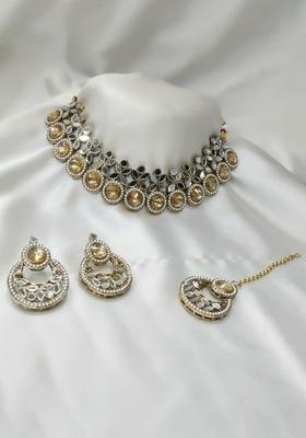 Gold Plated Pota Stone And Mirror Choker Necklace Set