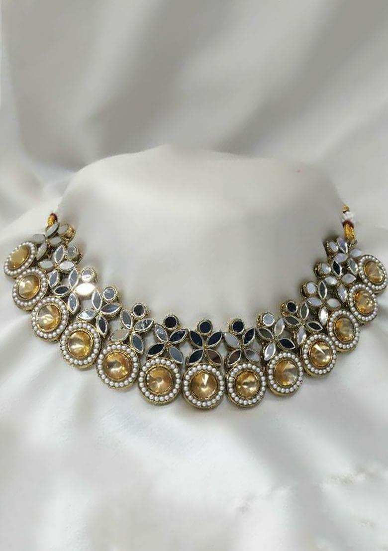 Gold Plated Pota Stone And Mirror Choker Necklace Set
