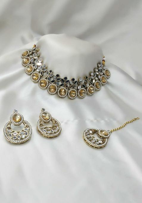 Gold Plated Pota Stone And Mirror Choker Necklace Set