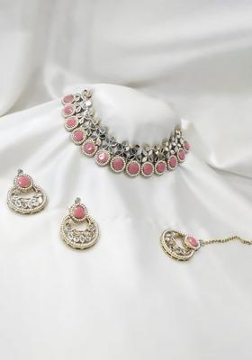 Gold Plated Pota Stone And Mirror Choker Necklace Set