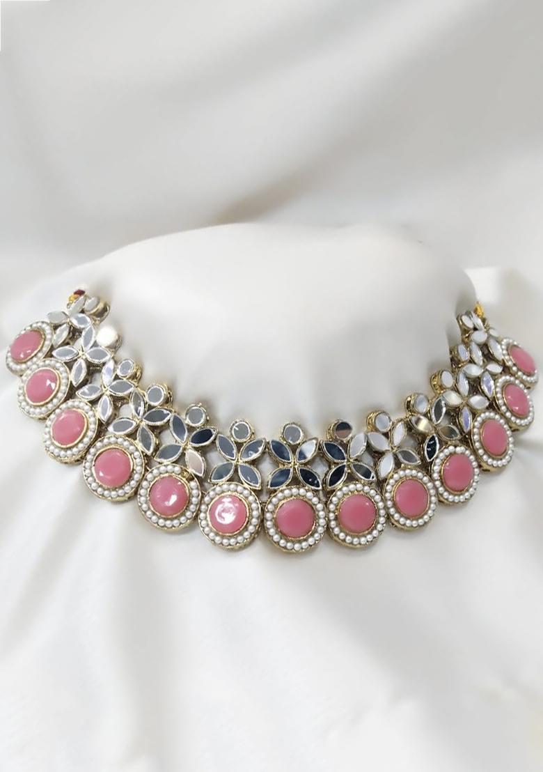 Gold Plated Pota Stone And Mirror Choker Necklace Set
