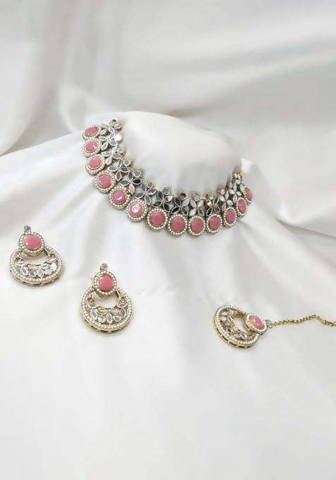 Gold Plated Pota Stone And Mirror Choker Necklace Set