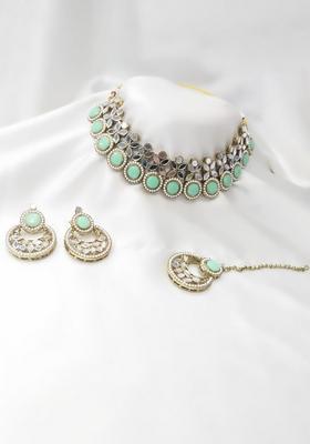 Gold Plated Pota Stone And Mirror Choker Necklace Set