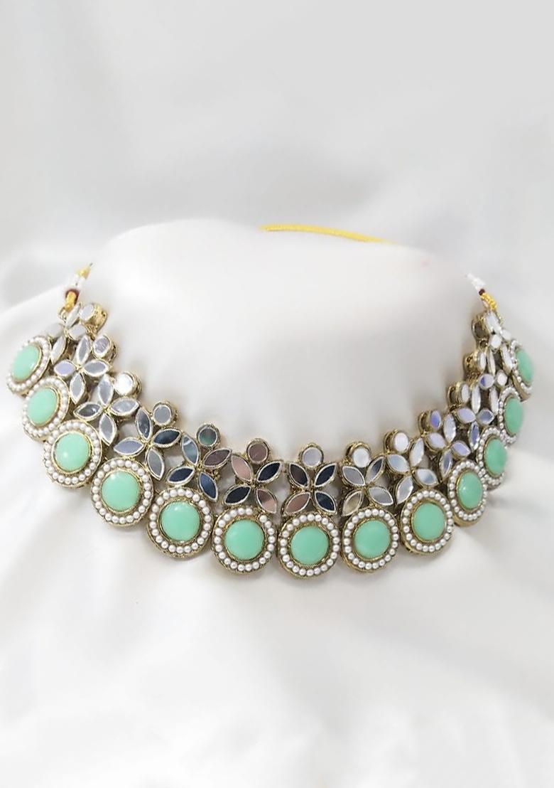 Gold Plated Pota Stone And Mirror Choker Necklace Set