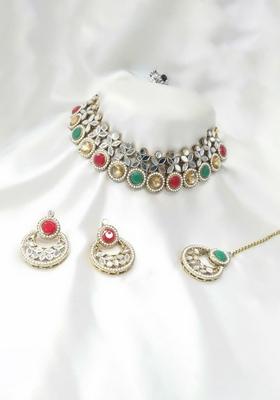 Gold Plated Pota Stone And Mirror Choker Necklace Set