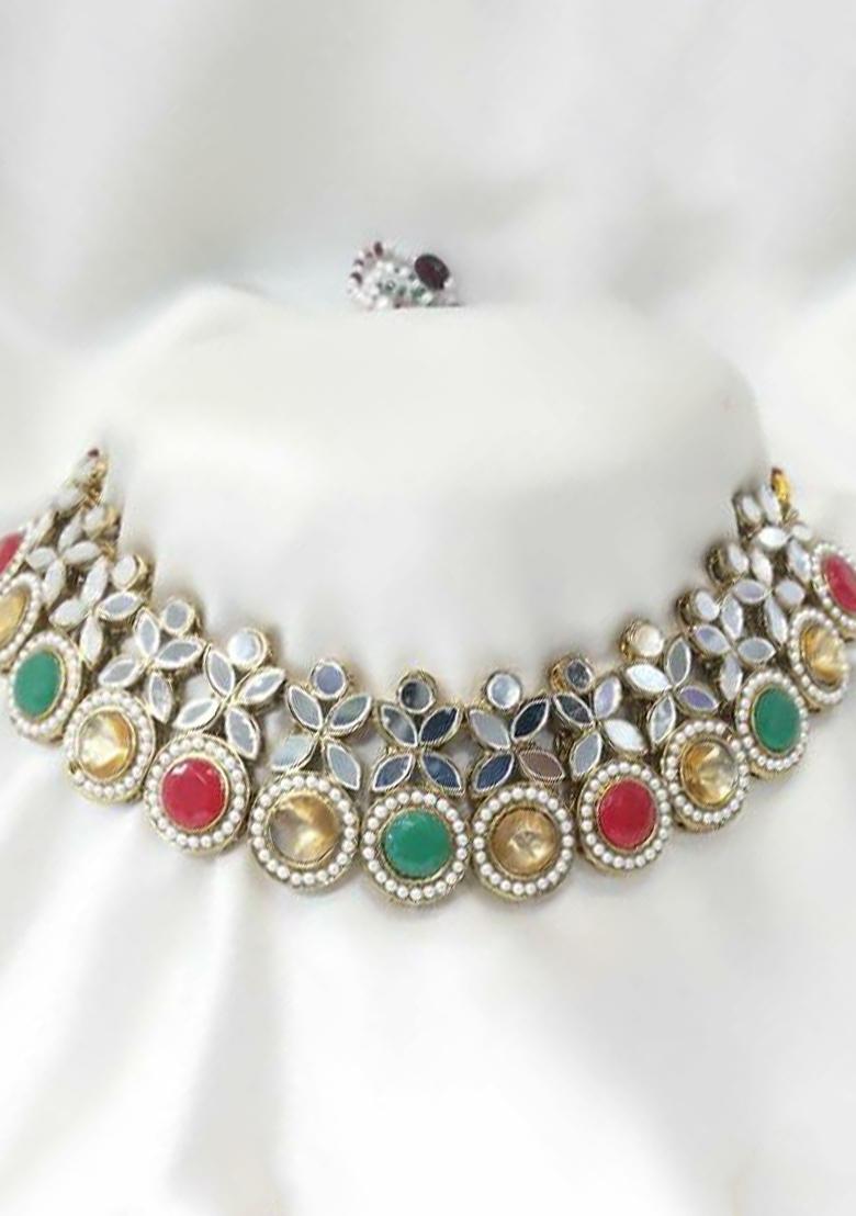 Gold Plated Pota Stone And Mirror Choker Necklace Set