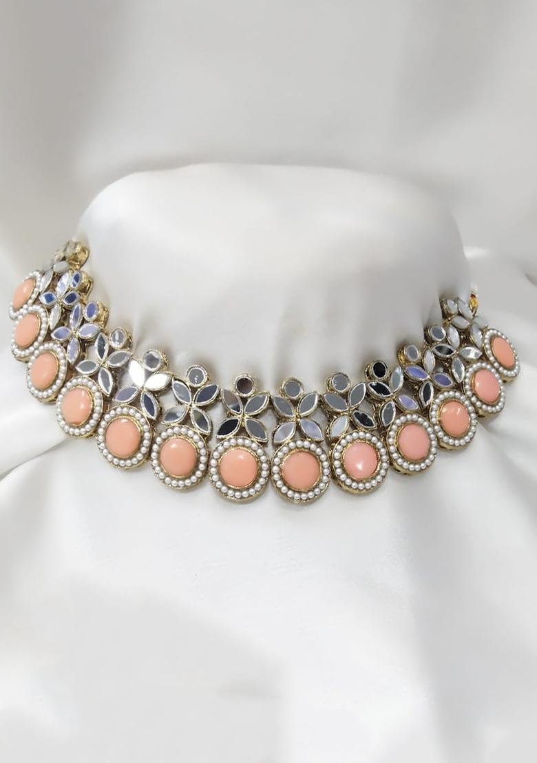 Gold Plated Pota Stone And Mirror Choker Necklace Set