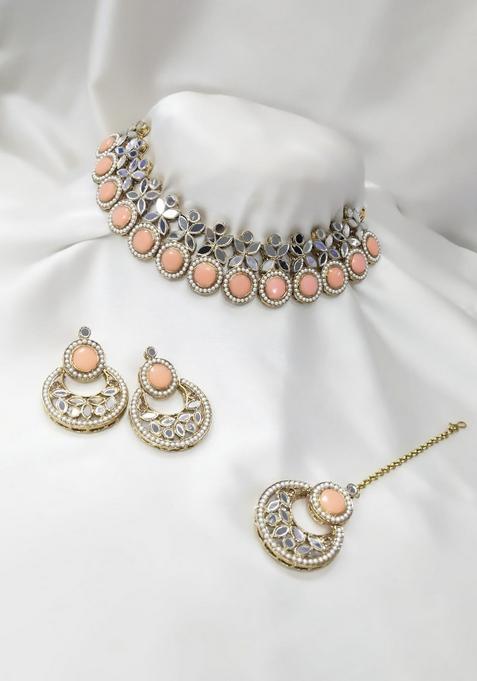 Gold Plated Pota Stone And Mirror Choker Necklace Set
