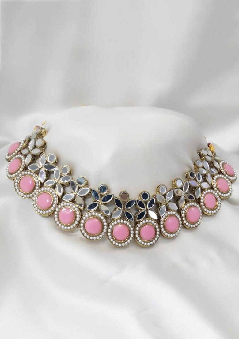 Gold Plated Pota Stone And Mirror Choker Necklace Set