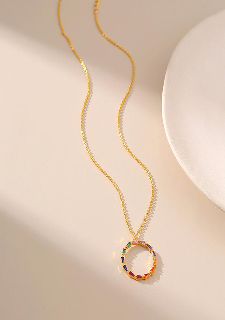 18K Gold Plated Waterproof Antitarnish Multicolor Zircon Round Pendant Necklace