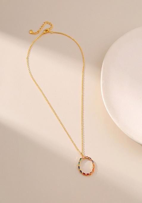 18K Gold Plated Waterproof Antitarnish Multicolor Zircon Round Pendant Necklace
