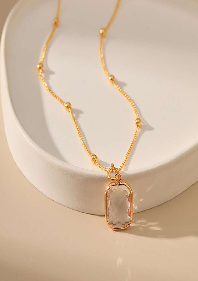 18K Gold Plated Waterproof Antitarnish Square Clear Zircon Pendant Necklace - Indya