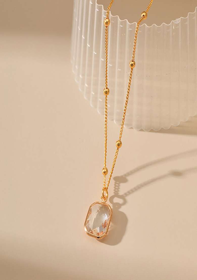 18K Gold Plated Waterproof Antitarnish Square Clear Zircon Pendant Necklace - Indya