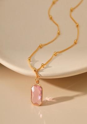 18K Gold Plated Waterproof Antitarnish Square Pink Zircon Pendant Necklace