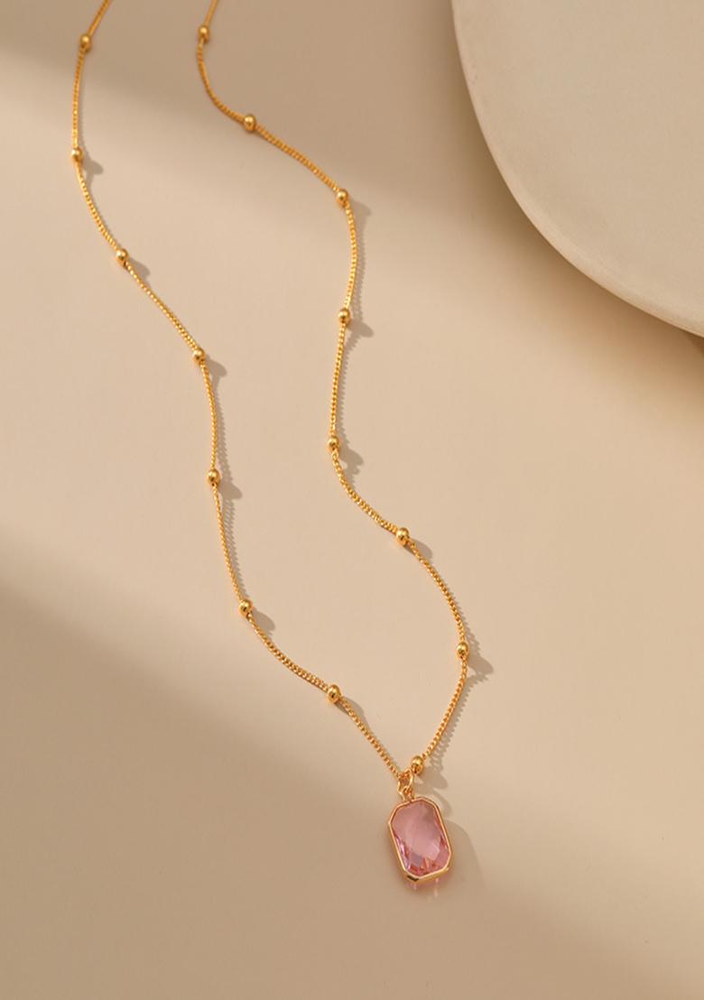 18K Gold Plated Waterproof Antitarnish Square Pink Zircon Pendant Necklace