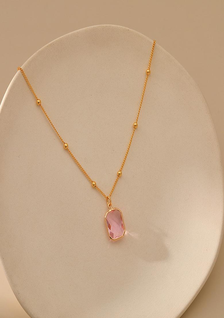 18K Gold Plated Waterproof Antitarnish Square Pink Zircon Pendant Necklace