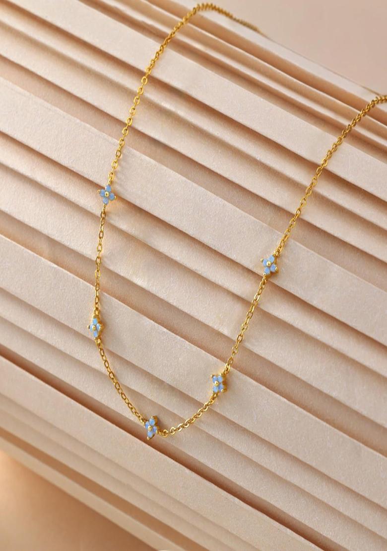 18K Gold Plated Waterproof Anti Tarnish Blue Floral Choker Necklace