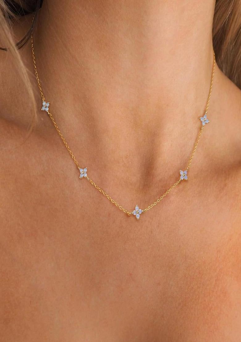 18K Gold Plated Waterproof Anti Tarnish Blue Floral Choker Necklace