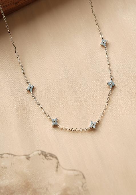 18K Silver Plated Waterproof Anti Tarnish Blue Floral Choker Necklace