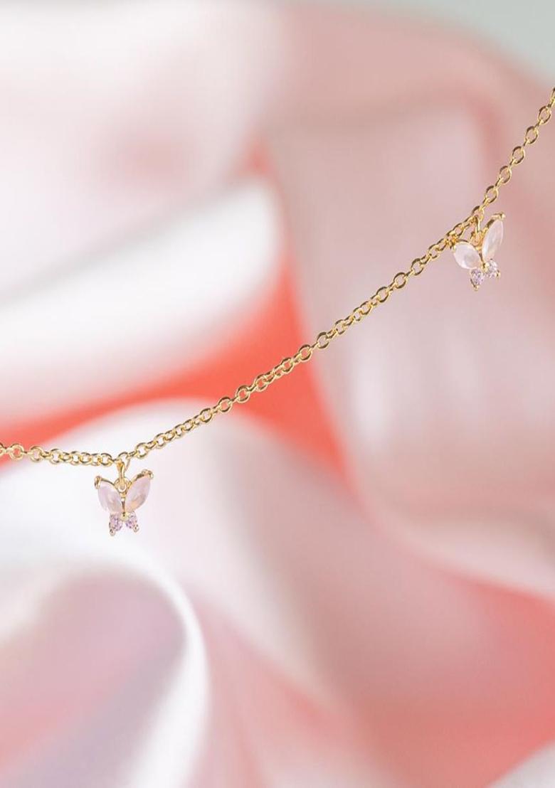 18K Gold Plated Waterproof Anti Tarnish Pink Zircon Butterfly Choker Necklace