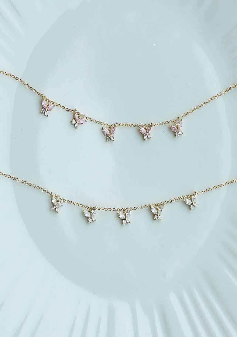 18K Gold Plated Waterproof Anti Tarnish Pink Zircon Butterfly Choker Necklace - Indya