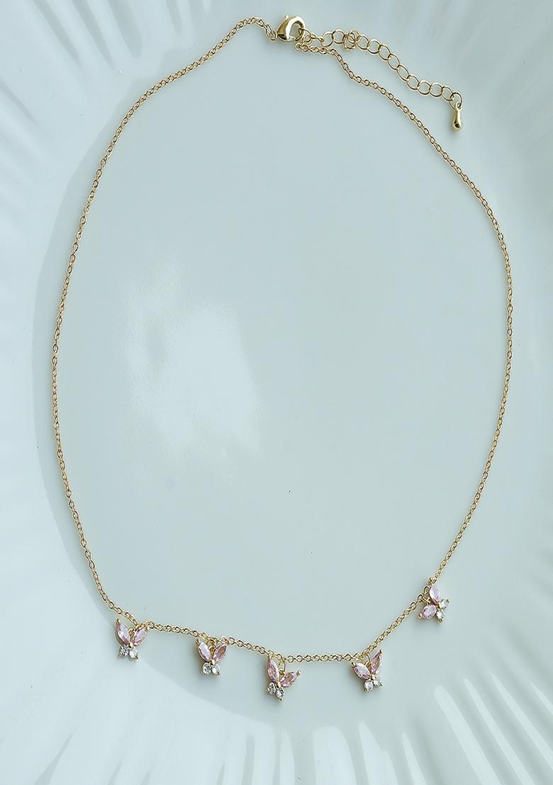 18K Gold Plated Waterproof Anti Tarnish Pink Zircon Butterfly Choker Necklace