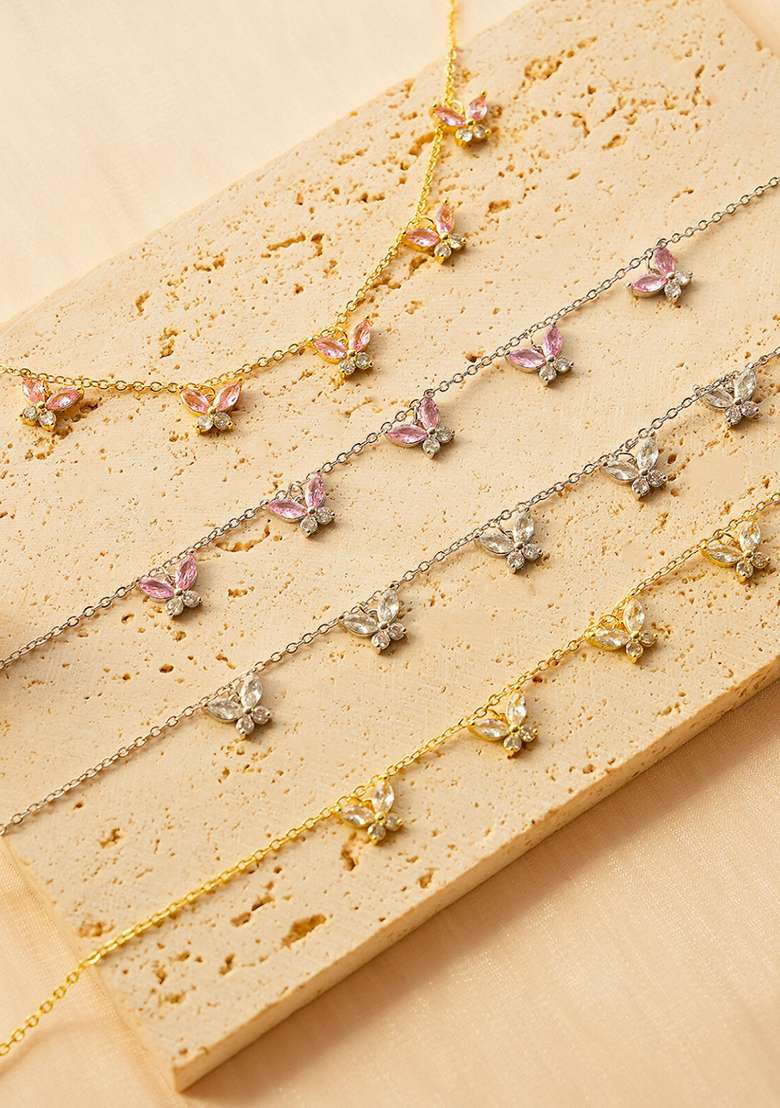 18K Silver Plated Waterproof Anti Tarnish Pink Zircon Butterfly Choker Necklace - Indya