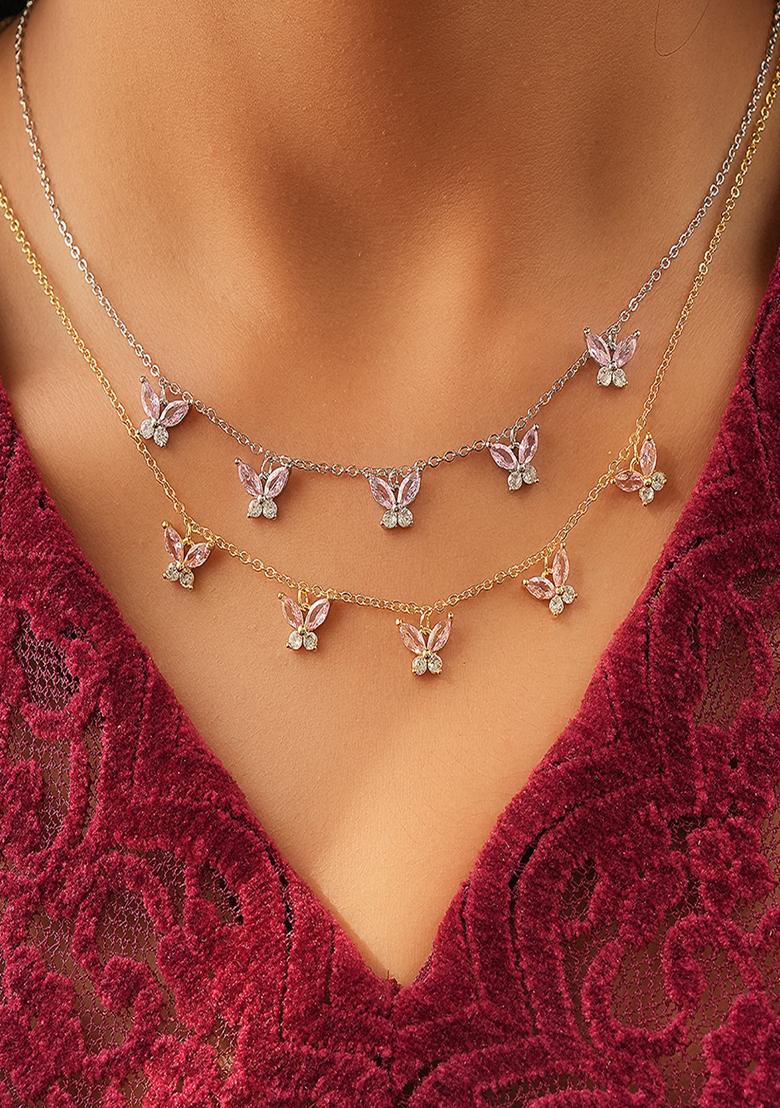 18K Silver Plated Waterproof Anti Tarnish Pink Zircon Butterfly Choker Necklace