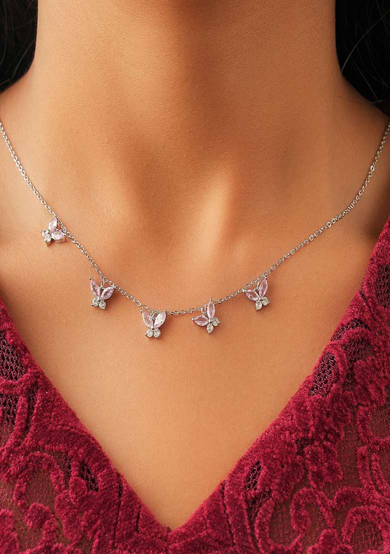 18K Silver Plated Waterproof Anti Tarnish Pink Zircon Butterfly Choker Necklace - Indya