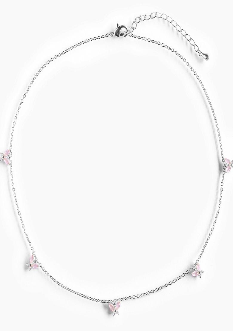 18K Silver Plated Waterproof Anti Tarnish Pink Zircon Butterfly Choker Necklace