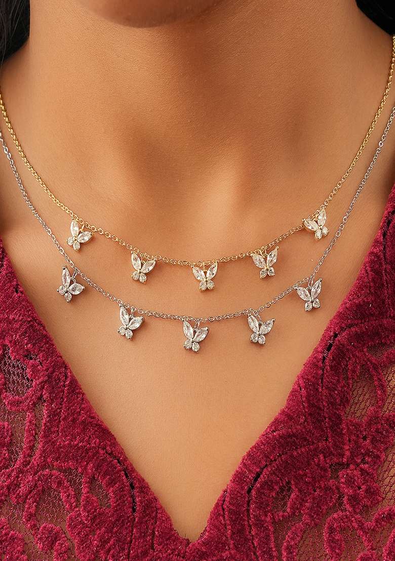 18K Silver Plated Waterproof Anti Tarnish White Zircon Butterfly Choker Necklace - Indya