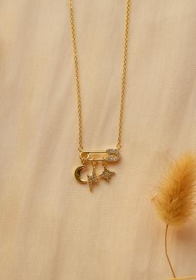 18K Gold Plated Waterproof Anti Tarnish Star Moon Pin Drops Pendant Necklace