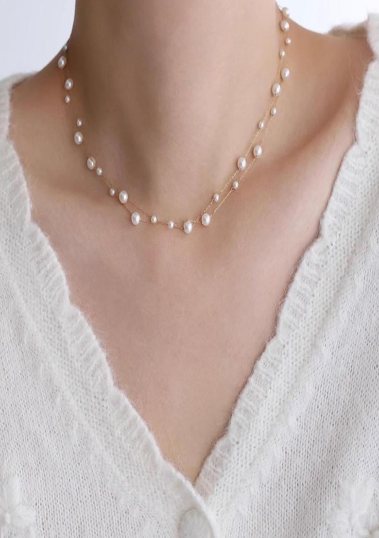 18K Gold Plated Waterproof Anti Tarnish Layered Small Pearl Necklace
