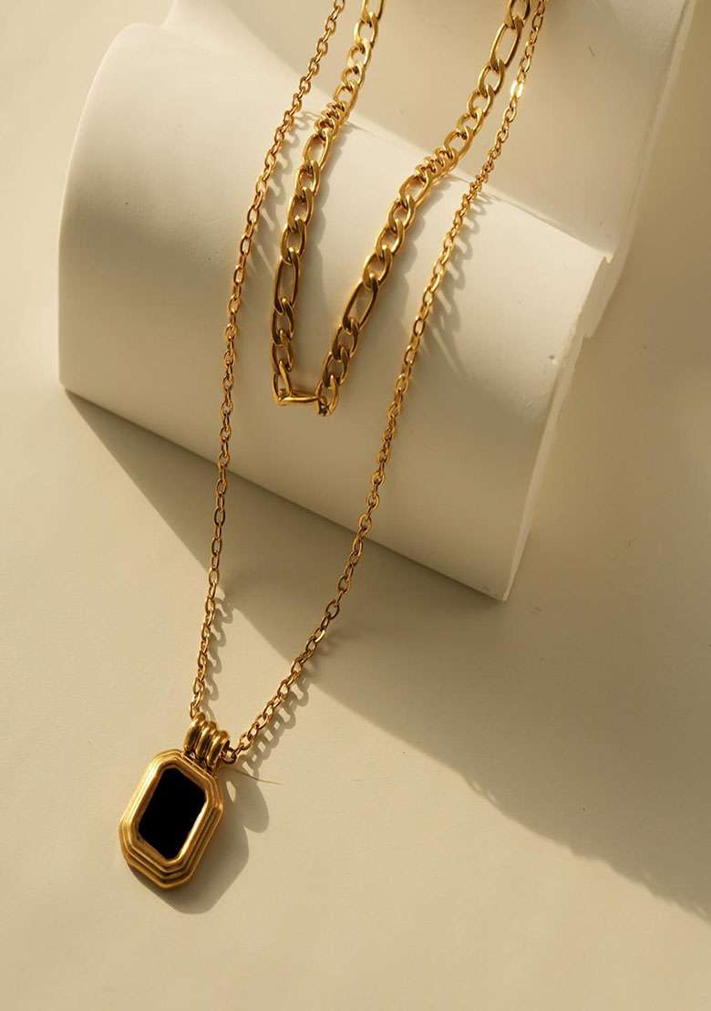 18K Gold Plated Waterproof Anti Tarnish Black Shell Layered Neckchain - Indya