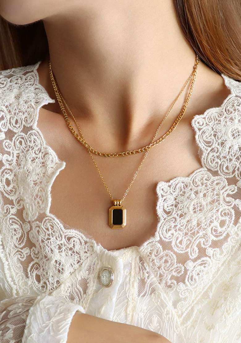 18K Gold Plated Waterproof Anti Tarnish Black Shell Layered Neckchain - Indya