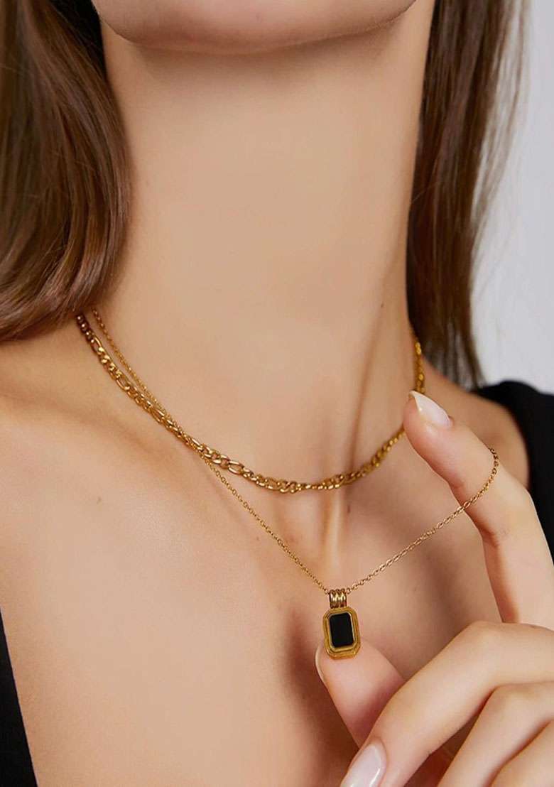 18K Gold Plated Waterproof Anti Tarnish Black Shell Layered Neckchain - Indya