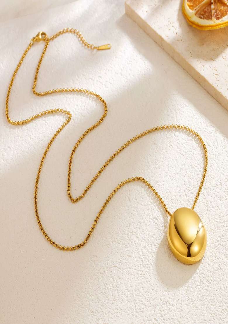 18K Gold Plated Waterproof Anti Tarnish Bold Chunky Oval Pendant Neckchain - Indya