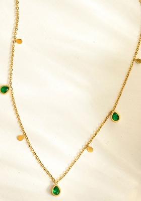 18Kgold Plated Waterproof Anti Tarnish Titanium Steel Green Zircon Drop Necklace